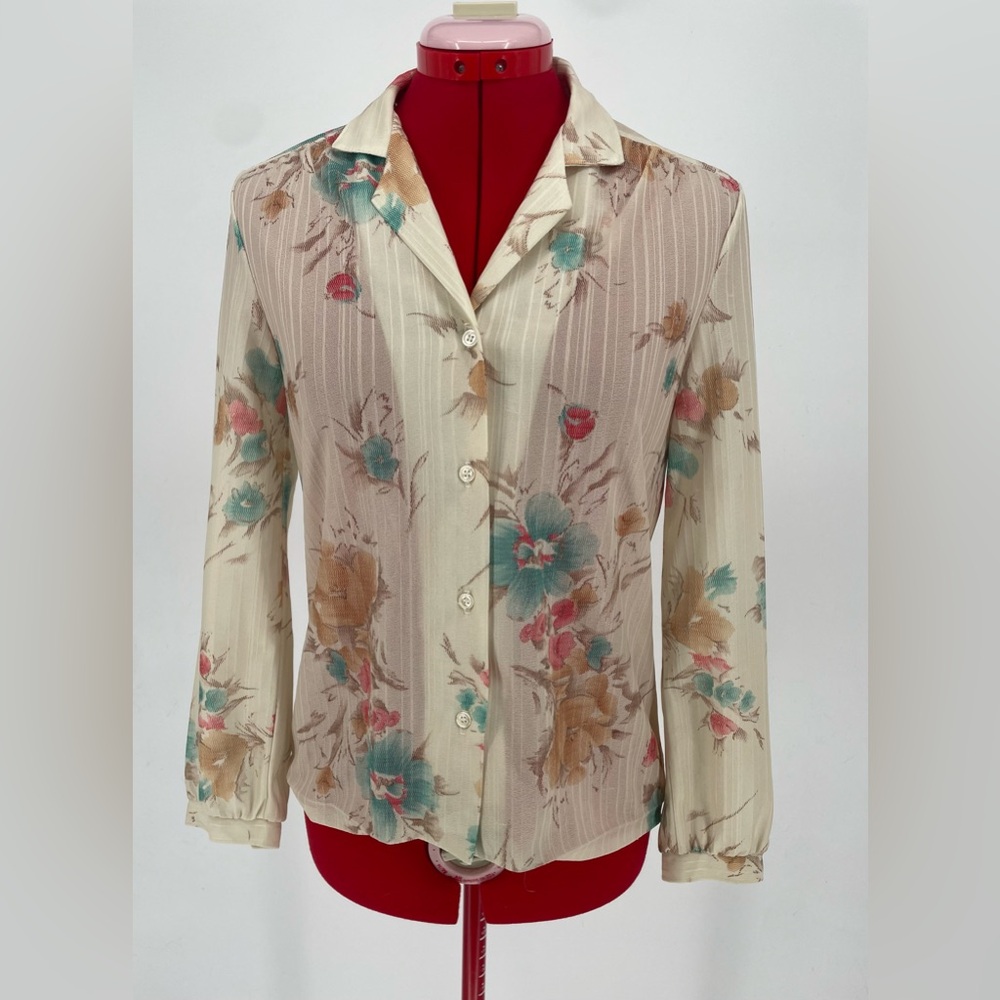 Vintage 1970s Floral Print Cream Button Down Cottage Core Prairie Blouse